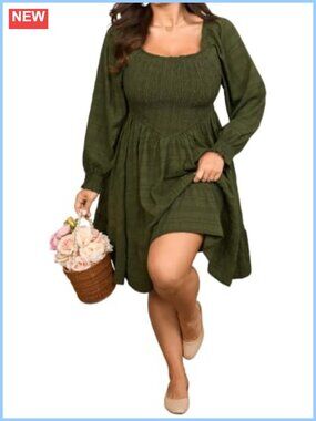 Plus Size Mini Dress Long Puff Sleeve Square Neck Tiered A-Line Casual